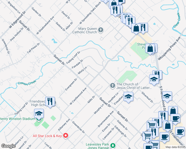 map of restaurants, bars, coffee shops, grocery stores, and more near 809 Forest View Street in Friendswood