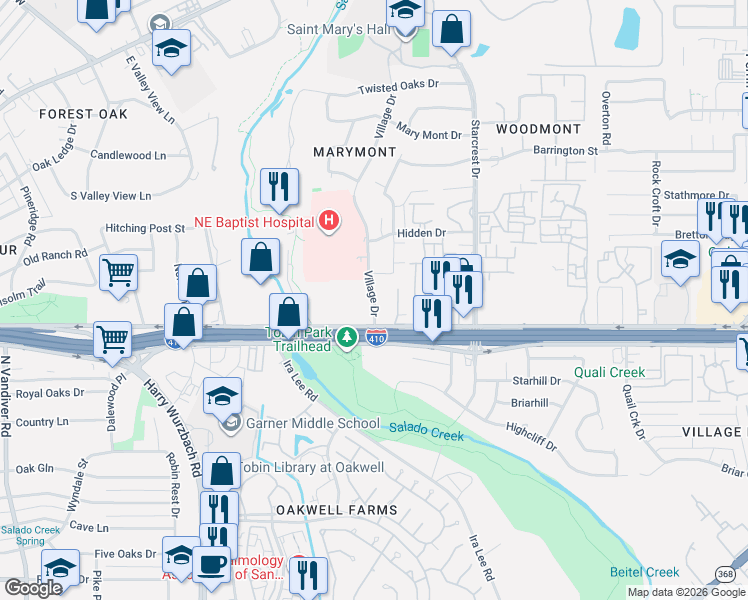 map of restaurants, bars, coffee shops, grocery stores, and more near 3007 Village Drive in San Antonio