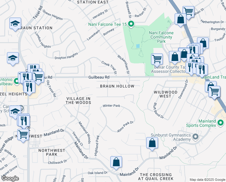 map of restaurants, bars, coffee shops, grocery stores, and more near 7731 Braun Bend in San Antonio
