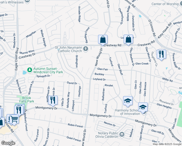 map of restaurants, bars, coffee shops, grocery stores, and more near 8507 New World Drive in San Antonio