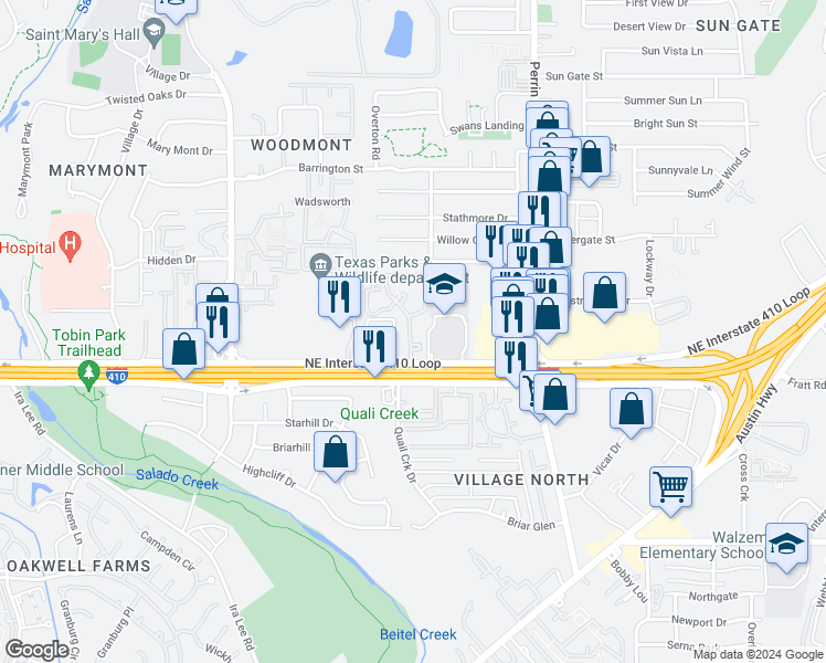 map of restaurants, bars, coffee shops, grocery stores, and more near 2525 I- 410 Access Road in San Antonio