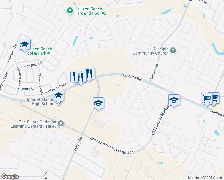 map of restaurants, bars, coffee shops, grocery stores, and more near 8107 Limerick Falls in San Antonio