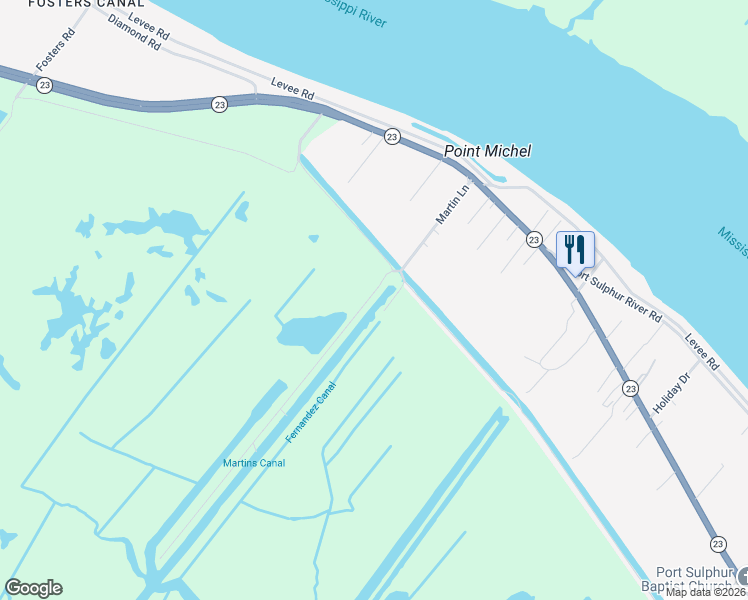 map of restaurants, bars, coffee shops, grocery stores, and more near 307 Martin Lane in Port Sulphur