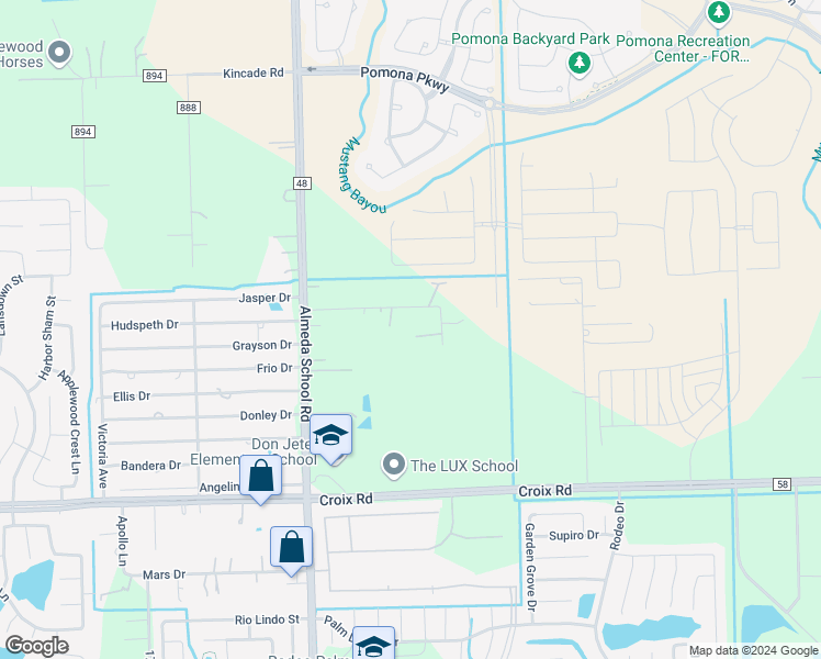 map of restaurants, bars, coffee shops, grocery stores, and more near 4613 County Road 48 in Manvel