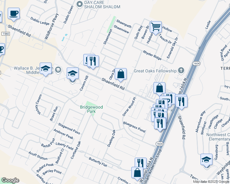 map of restaurants, bars, coffee shops, grocery stores, and more near 10731 Expedition Creek in San Antonio