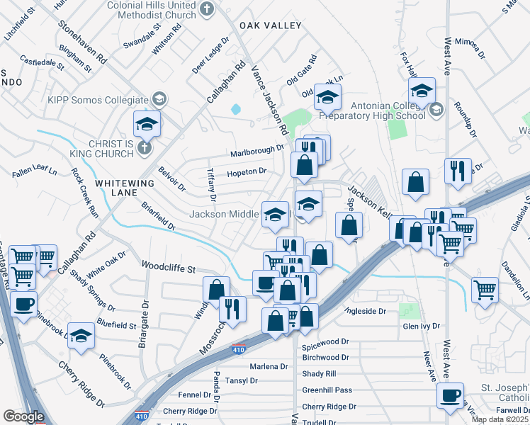 map of restaurants, bars, coffee shops, grocery stores, and more near 8510 Dudley Drive in San Antonio