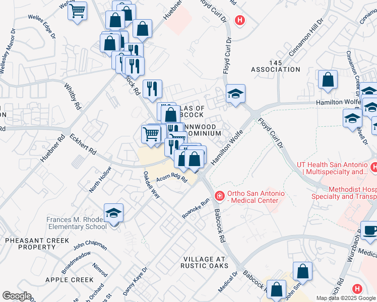 map of restaurants, bars, coffee shops, grocery stores, and more near 5423 Hamilton Wolfe Road in San Antonio