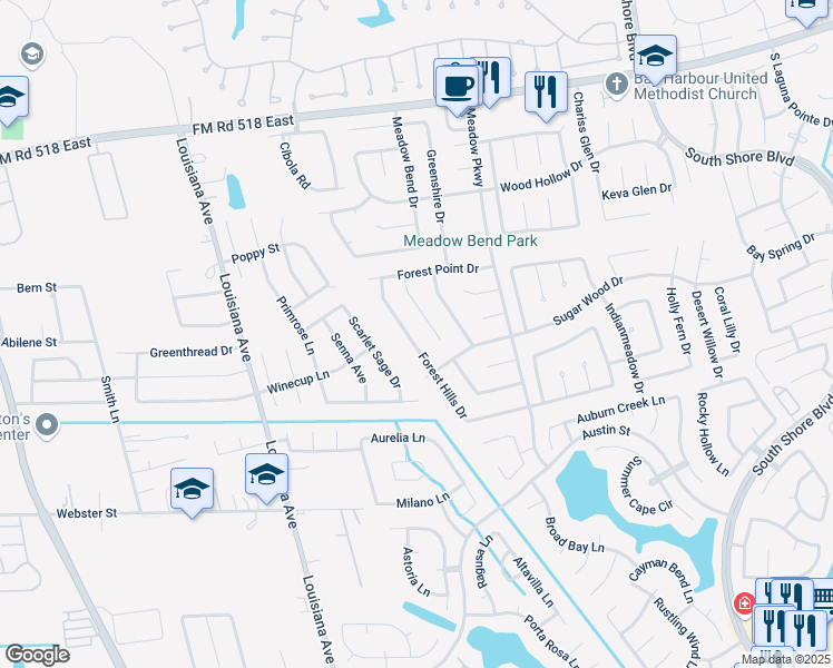 map of restaurants, bars, coffee shops, grocery stores, and more near 332 Forest Hills Drive in League City