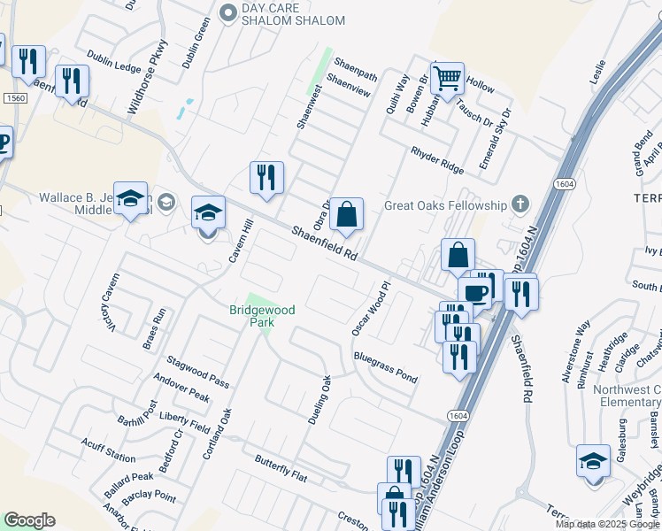 map of restaurants, bars, coffee shops, grocery stores, and more near 10731 Expedition Creek in San Antonio