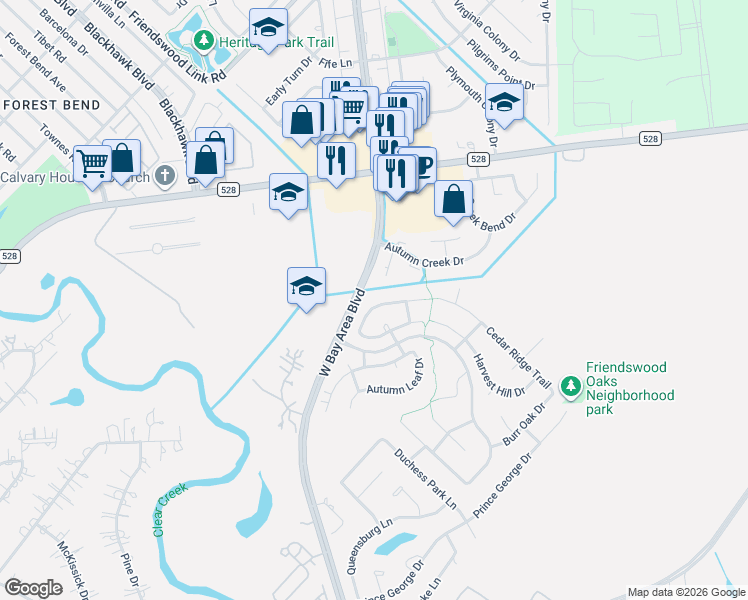 map of restaurants, bars, coffee shops, grocery stores, and more near 3120 Red Maple Drive in Friendswood