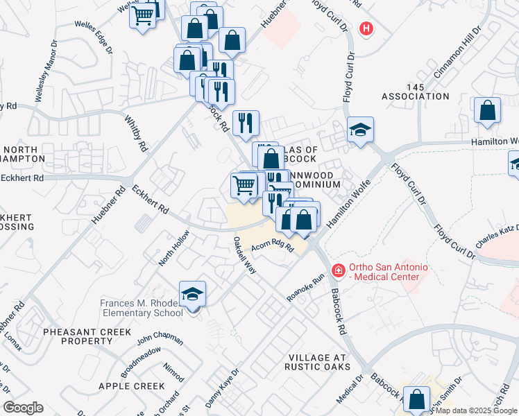 map of restaurants, bars, coffee shops, grocery stores, and more near 5500 Babcock Road in San Antonio