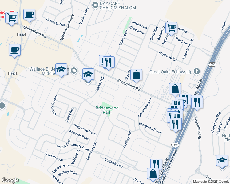 map of restaurants, bars, coffee shops, grocery stores, and more near 10806 Larson Cavern in San Antonio