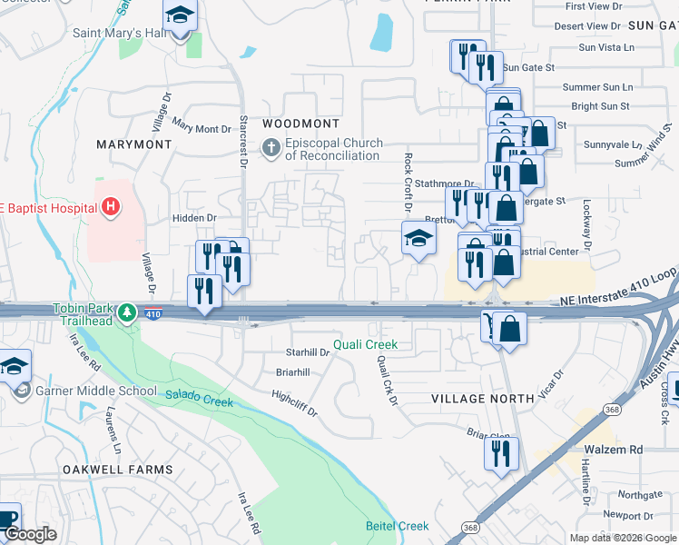 map of restaurants, bars, coffee shops, grocery stores, and more near 2441 Northeast Interstate 410 Loop in San Antonio