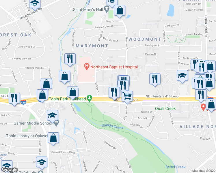 map of restaurants, bars, coffee shops, grocery stores, and more near 2167 Northeast Interstate 410 Loop in San Antonio