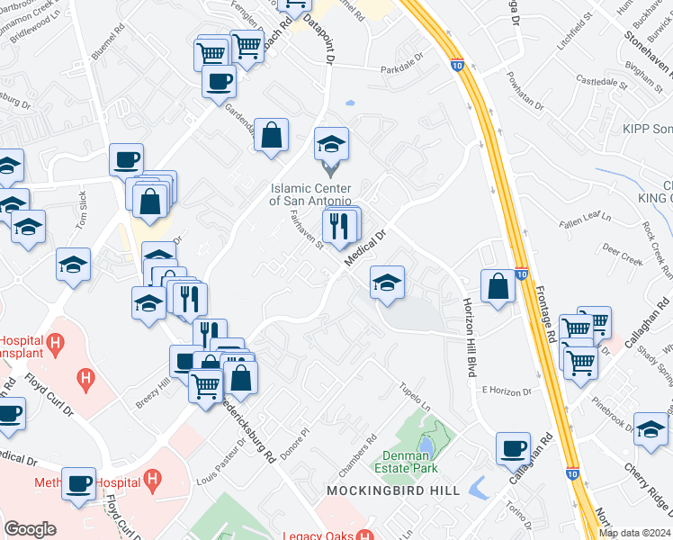 map of restaurants, bars, coffee shops, grocery stores, and more near 4107 Medical Drive in San Antonio