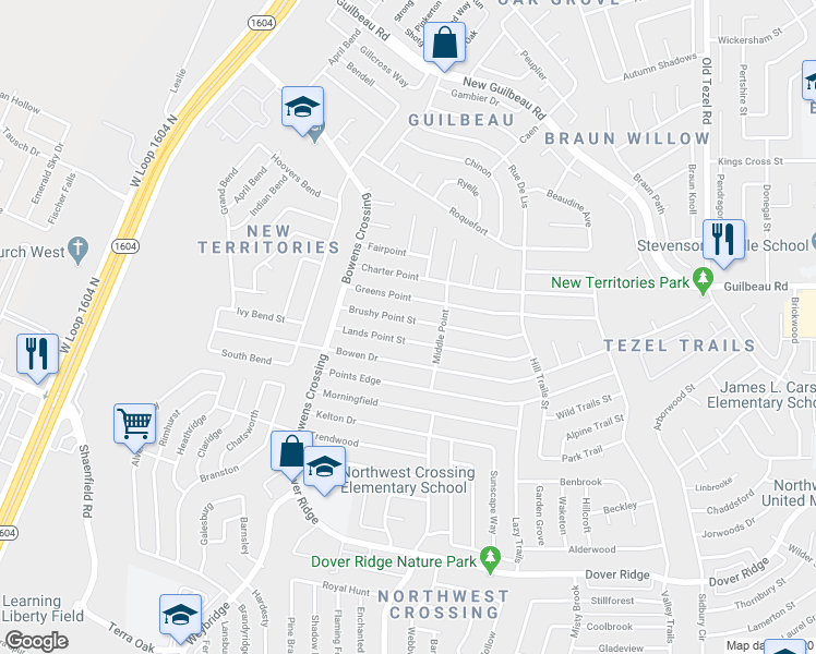 map of restaurants, bars, coffee shops, grocery stores, and more near 9418 Lands Point Street in San Antonio