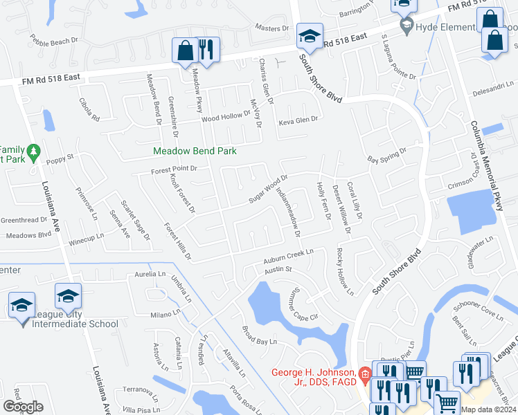 map of restaurants, bars, coffee shops, grocery stores, and more near 2922 Laurelridge Drive in League City