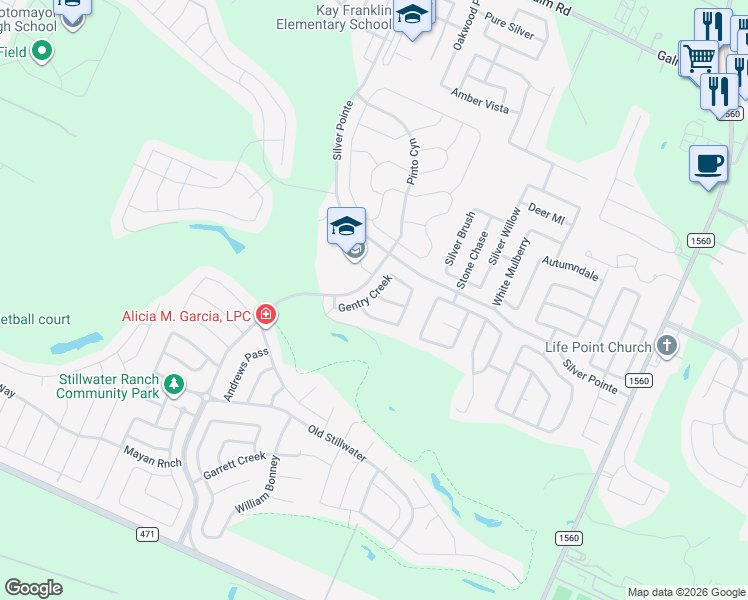 map of restaurants, bars, coffee shops, grocery stores, and more near 12131 Hideaway Creek in San Antonio