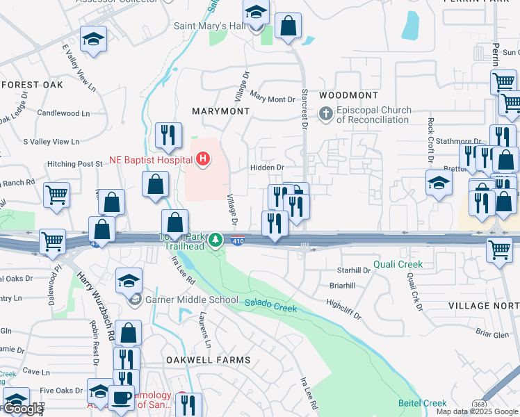 map of restaurants, bars, coffee shops, grocery stores, and more near 2167 Northeast Interstate 410 Loop in San Antonio