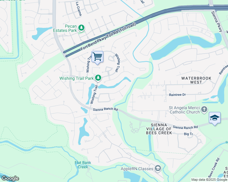 map of restaurants, bars, coffee shops, grocery stores, and more near 38 Foggy Heights Lane in Missouri City