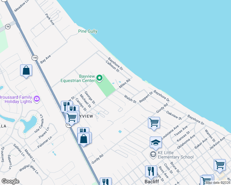 map of restaurants, bars, coffee shops, grocery stores, and more near 3215 Alsworth Street in Bacliff