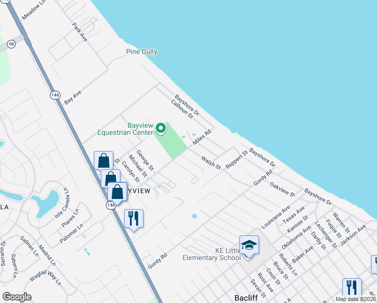 map of restaurants, bars, coffee shops, grocery stores, and more near 3215 Alsworth Street in Bacliff