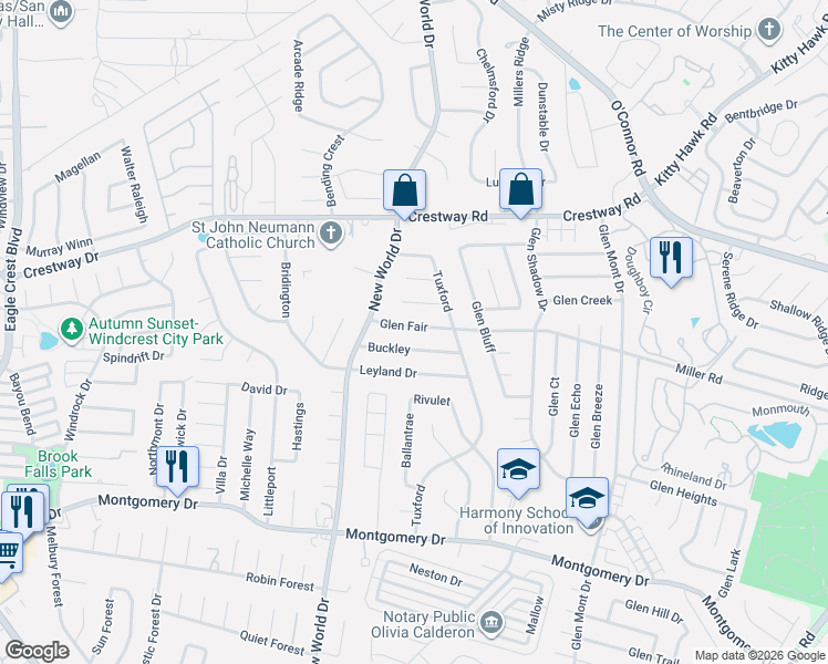 map of restaurants, bars, coffee shops, grocery stores, and more near 6810 Buckley in San Antonio