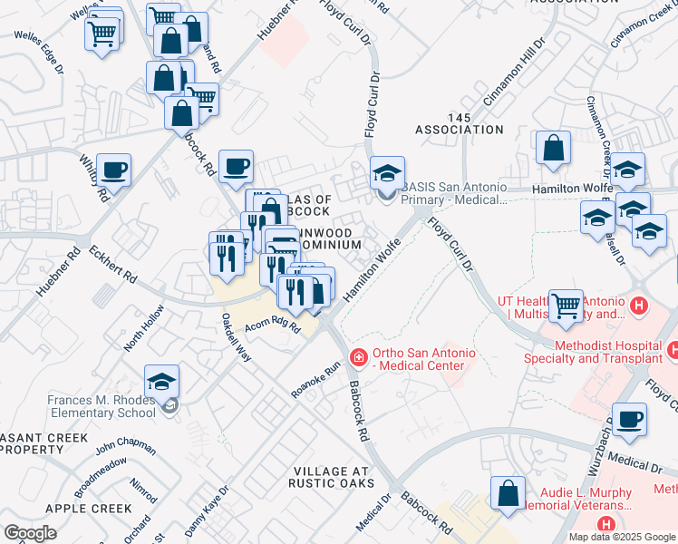 map of restaurants, bars, coffee shops, grocery stores, and more near 5331 Hamilton Wolfe Road in San Antonio