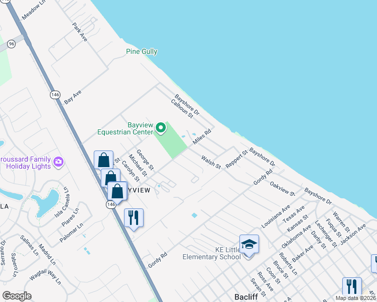 map of restaurants, bars, coffee shops, grocery stores, and more near 3215 Alsworth Street in Bacliff