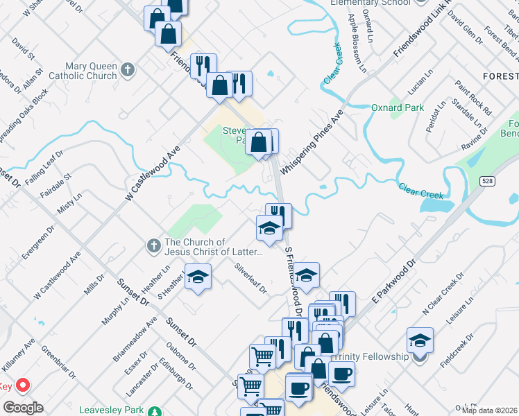map of restaurants, bars, coffee shops, grocery stores, and more near 52 Hideaway Drive in Friendswood