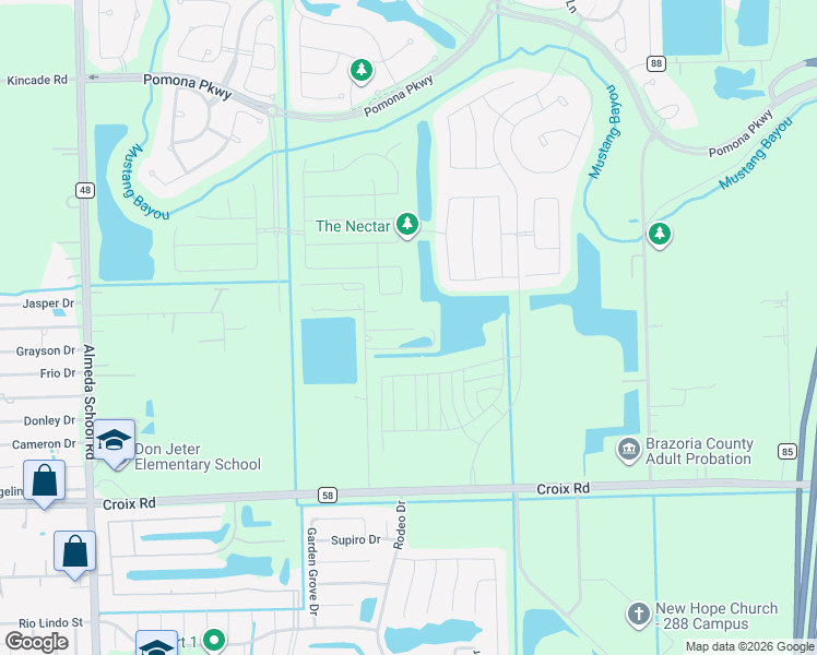 map of restaurants, bars, coffee shops, grocery stores, and more near 3115 County Road 58 in Manvel