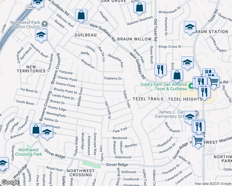 map of restaurants, bars, coffee shops, grocery stores, and more near 8115 Shoal Trails in San Antonio