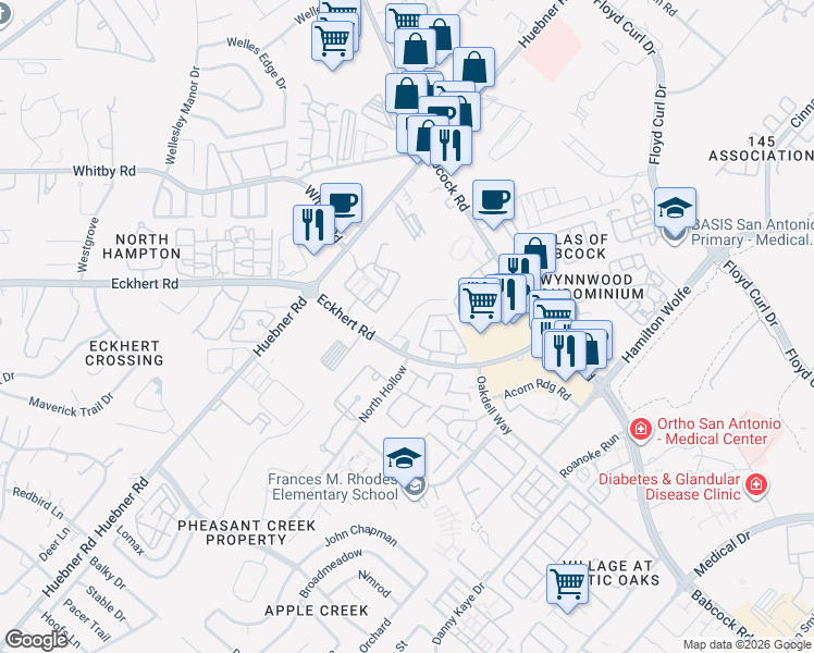 map of restaurants, bars, coffee shops, grocery stores, and more near 5911 Eckhert Road in San Antonio