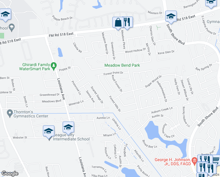 map of restaurants, bars, coffee shops, grocery stores, and more near 323 Meadow Wood Court in League City