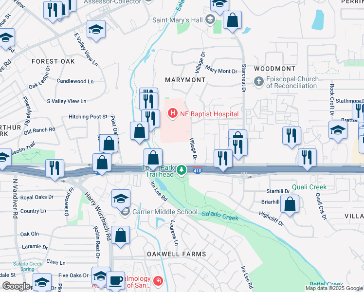 map of restaurants, bars, coffee shops, grocery stores, and more near 8715 Village Drive in San Antonio