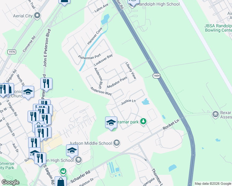 map of restaurants, bars, coffee shops, grocery stores, and more near 9639 Anderson Way in Converse