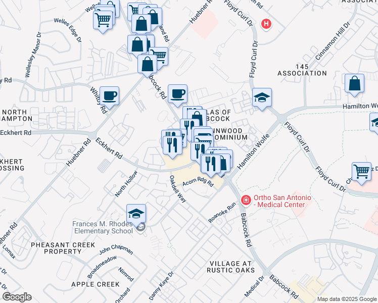 map of restaurants, bars, coffee shops, grocery stores, and more near 5500 Babcock Road in San Antonio
