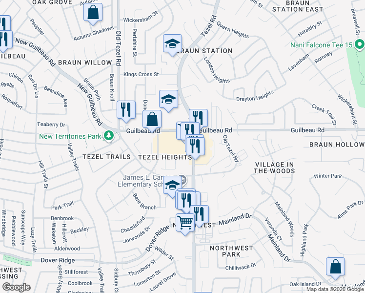map of restaurants, bars, coffee shops, grocery stores, and more near 9240 Guilbeau Rd in San Antonio