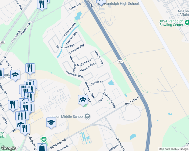 map of restaurants, bars, coffee shops, grocery stores, and more near 9704 Appellate Rise in Converse