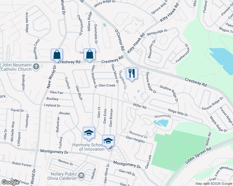 map of restaurants, bars, coffee shops, grocery stores, and more near 7146 Glen Creek in San Antonio