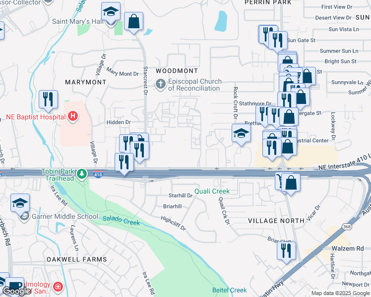 map of restaurants, bars, coffee shops, grocery stores, and more near 2391 Northeast Interstate 410 Loop in San Antonio