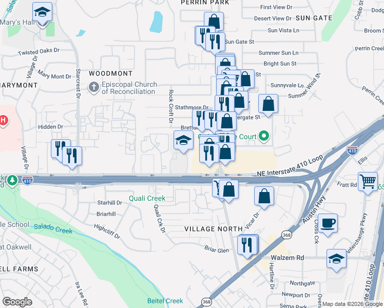 map of restaurants, bars, coffee shops, grocery stores, and more near 2611 Northeast Interstate 410 Loop in San Antonio