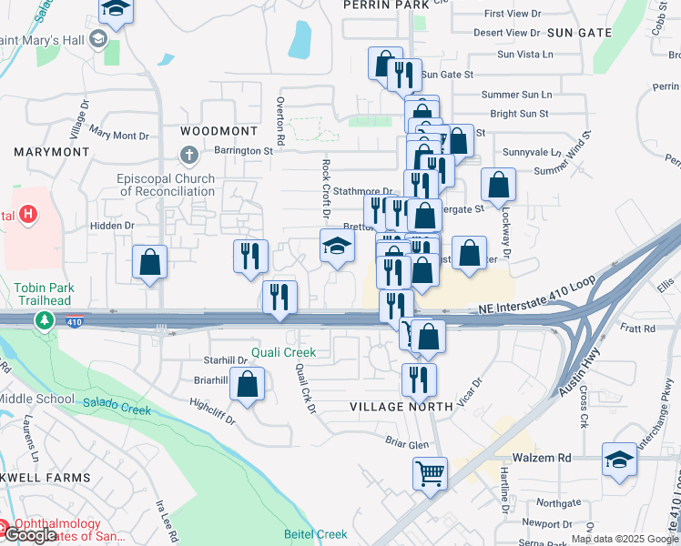 map of restaurants, bars, coffee shops, grocery stores, and more near 2569 Northeast Interstate 410 Loop in San Antonio