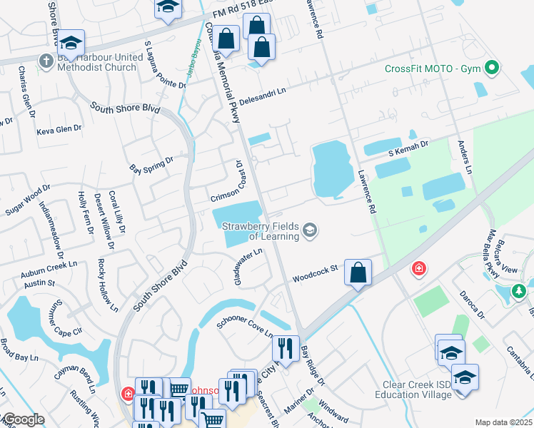 map of restaurants, bars, coffee shops, grocery stores, and more near 2525 Columbia Memorial Parkway in League City