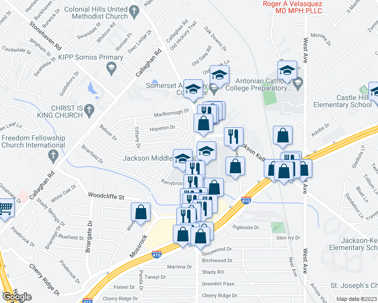 map of restaurants, bars, coffee shops, grocery stores, and more near 8602 Dudley Drive in San Antonio
