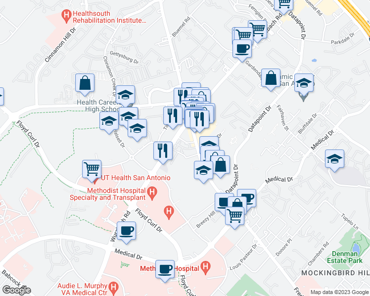 map of restaurants, bars, coffee shops, grocery stores, and more near 8415 Fredericksburg Road in San Antonio
