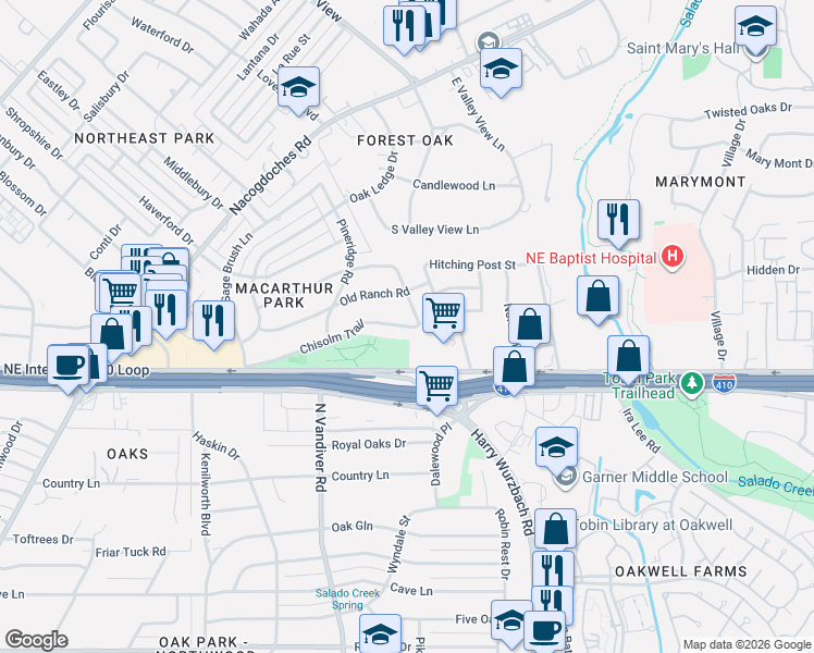 map of restaurants, bars, coffee shops, grocery stores, and more near 8610 Charro Lane in San Antonio