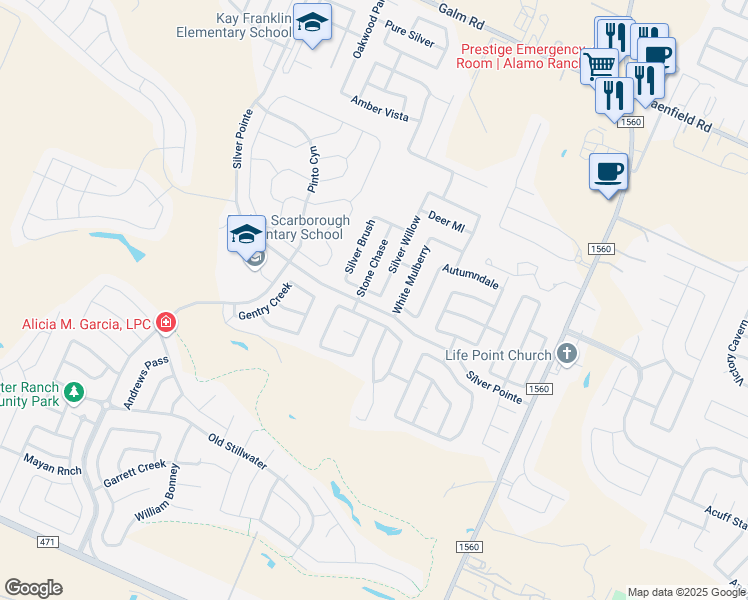 map of restaurants, bars, coffee shops, grocery stores, and more near 9910 Scarlet Mdw in San Antonio
