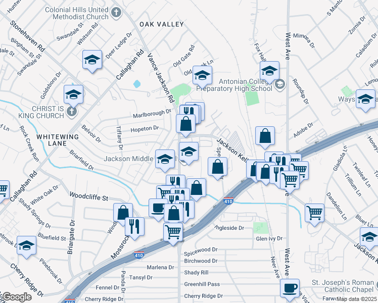 map of restaurants, bars, coffee shops, grocery stores, and more near 2500 Jackson Keller Road in San Antonio