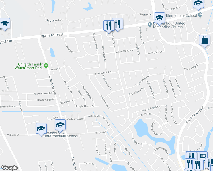 map of restaurants, bars, coffee shops, grocery stores, and more near 317 Knoll Forest Drive in League City